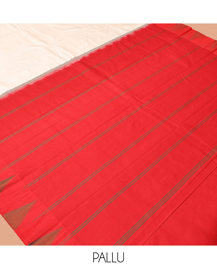 White Plain Bangalore Silk Saree, Complemented by a Contrast Temple Border, Pallu of Stripes, and a Contrast Blouse
