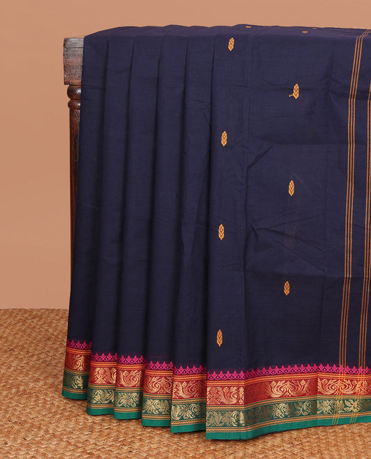 Navy blue thread buttas Chettinad cotton saree, contrast traditional design woven border & pallu with buttas & stripes