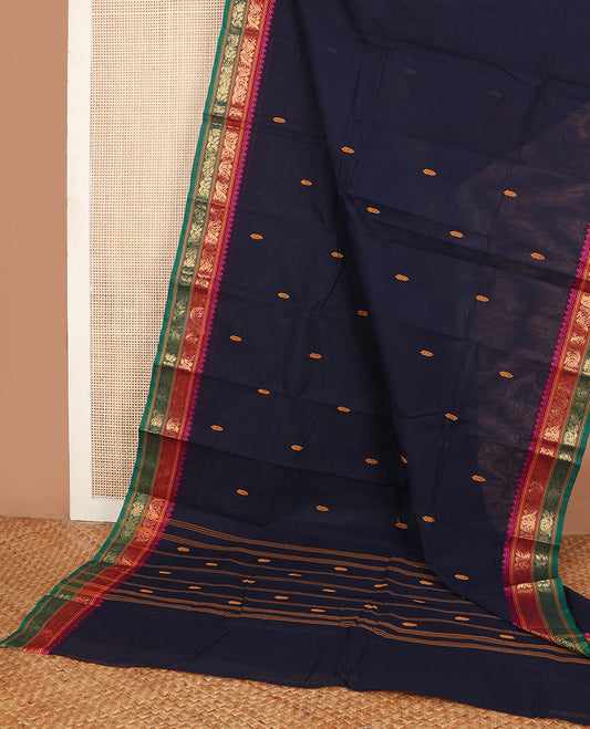 Navy blue thread buttas Chettinad cotton saree, contrast traditional design woven border & pallu with buttas & stripes