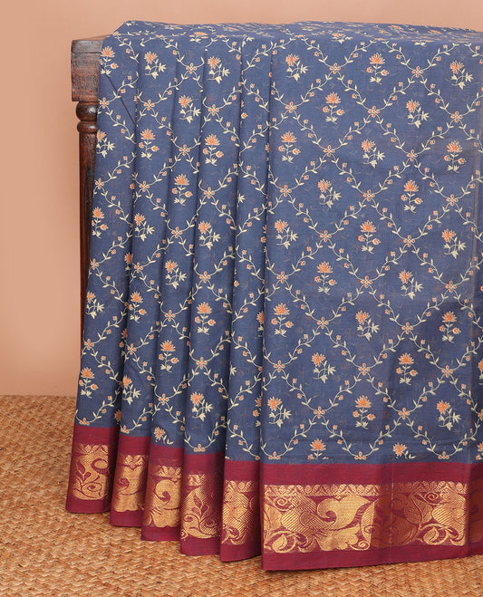 Cement grey floral jaal printed Andhra cotton saree, contrast traditional zari motif border & zari pallu of paisleys