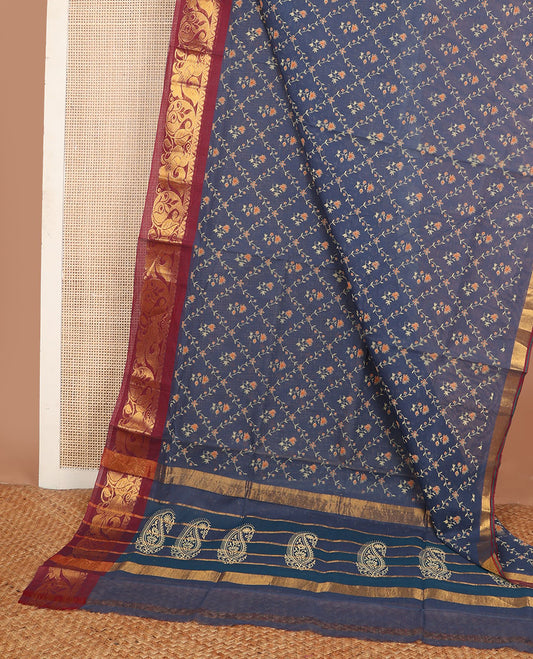 Cement grey floral jaal printed Andhra cotton saree, contrast traditional zari motif border & zari pallu of paisleys