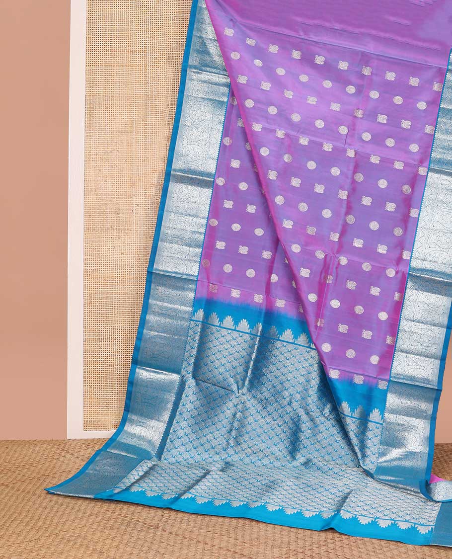 Purple round motifs venkatagiri silk saree with contrast zari design border & floral design pallu