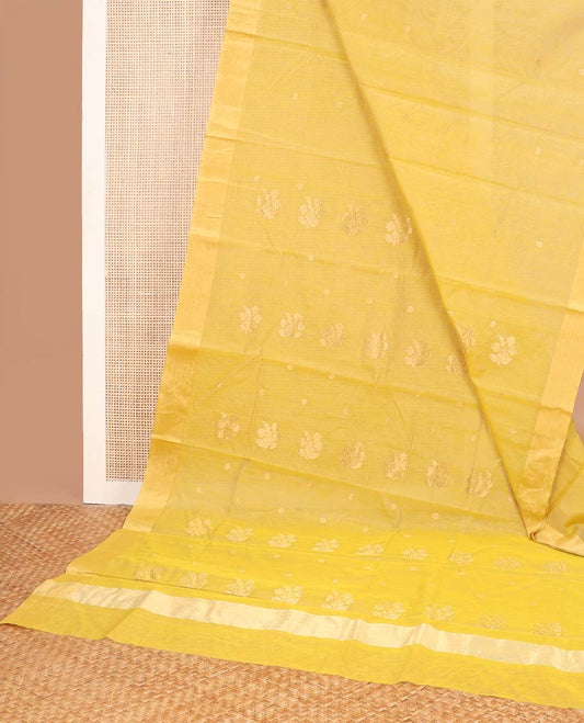 Yellow motifs chanderi cotton saree with contrast border & floral motifs pallu