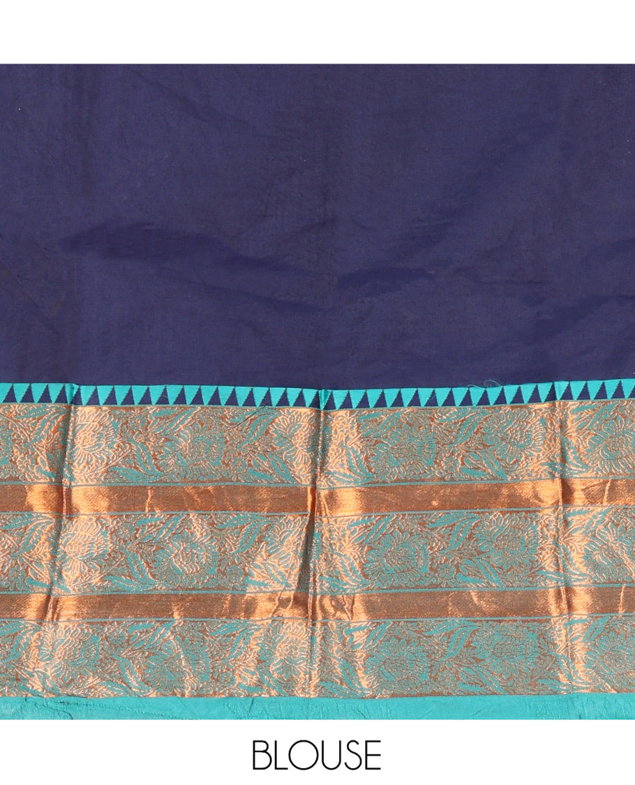 Navy Blue Semi-Banarasi Half-Saree Features Plain Skirt, Contrast Floral Creeper Zari Border, Matching Blouse, Contrast Dhavani