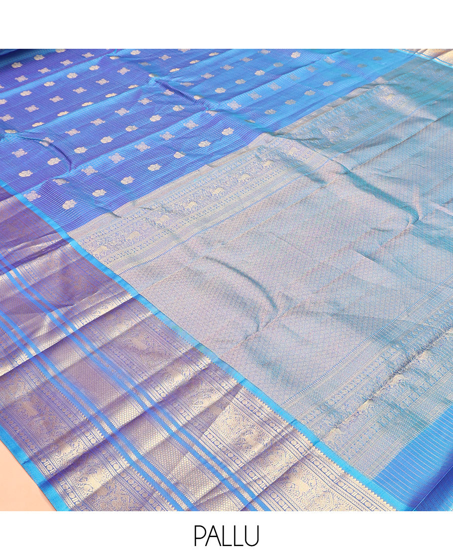 Blue Iruthalai Pakshi and Checked Kanchipuram Silk Saree, a Zari Border of Rekku, Kathir, Rudraksham, Yaali, Mayil Kann, Neli, Kamalam and Mayil Designs, Jaal Pallu, and a Matching Blouse