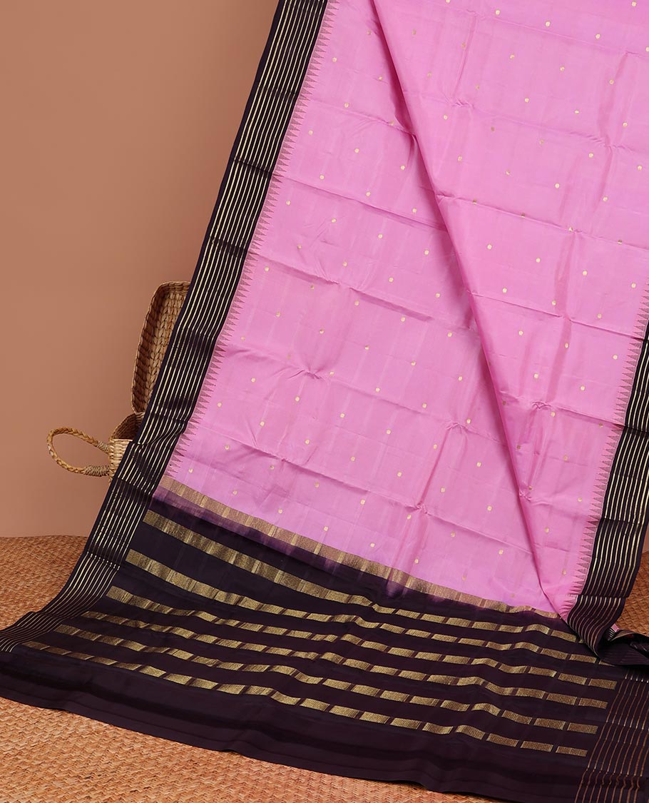 pink striped with buttas silk saree, striped zari design pallu & border of rekku, striped design