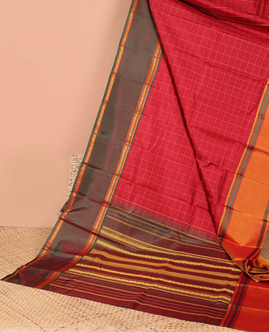 Red checked kancheepuram silk saree with contrast rettai pettu border & striped design pallu