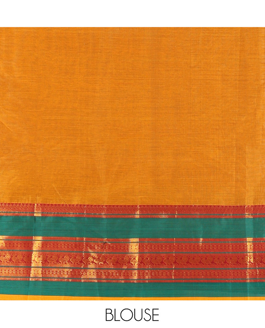 Mustard-Green Mercerised Cotton Half-Saree Features Plain with Contrast Traditional Zari Varisai Pettu Annam-Motif Bordered Skirt, Paired with a Matching Blouse, and Comes with a Contrast Zari-Bordered Dhavani