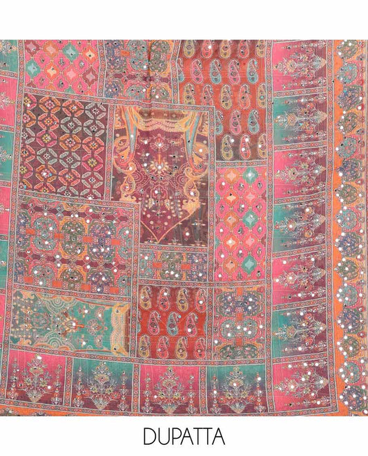 Multi-color floral print, mirror work simmer georgette chudidhar materila top with santton material pant & floral print, mirror work dupatta
