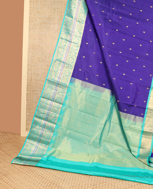 Blue manga butta silk saree with contrast korvai zari design border & intricate zari design pallu