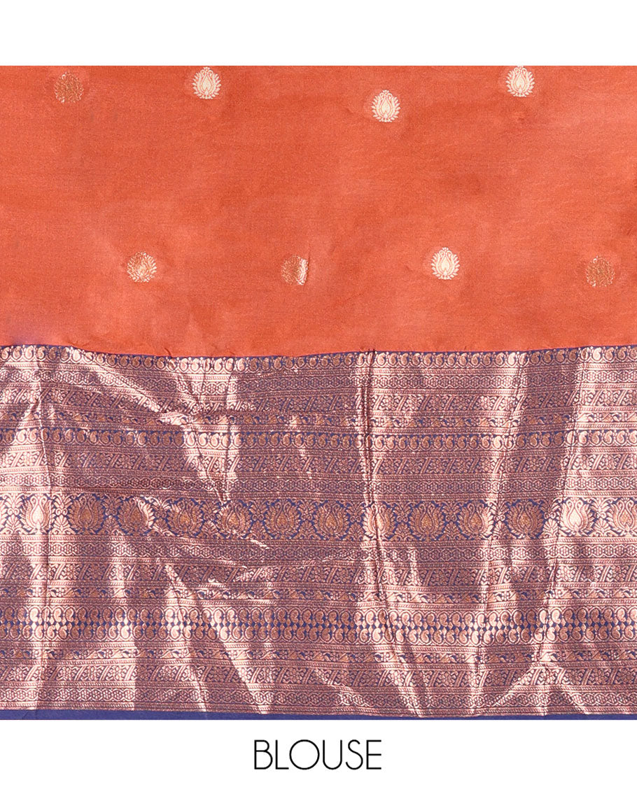 Rust and Blue Semi-Banarasi Half-Saree, Detailed with Zari Buttas on Its Skirt, Complemented by a Contrast Traditional Zari-Design Border, Paired with a Matching Blouse, and a Contrast Satin Georgette Zari-Bordered Dhavani