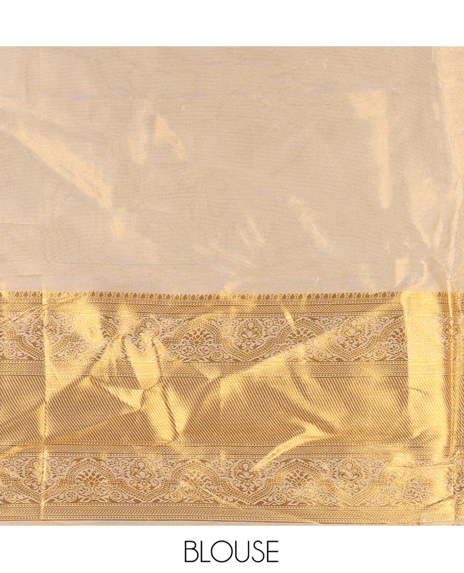 Cream Semi-Banarasi Tissue Half-Saree Features a Plain Skirt, a Traditional Border, Matching Blouse, and Intricate Dhavani