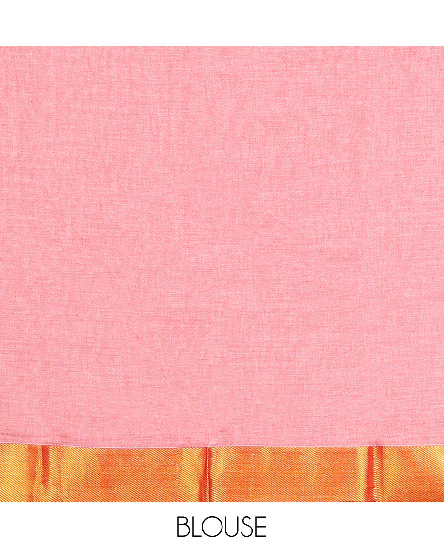 Pink Cotton Half-Saree Features Plain Skirt, a Contrast Zari Border, a Matching Blouse, and a Contrast Dhavani