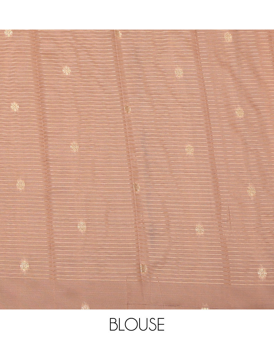 Green Litchi Saree, Bedecked with Peacock-Chakram Buttas and Checks, a Contrast Traditional Zari Border, Finely Crafted Pallu, and a Contrast Blouse