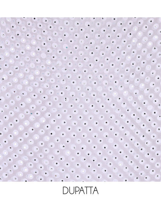 White material churidar set, stone work with Schiffli style embroidered georgette top, American Crape bottom, and polka dotted printed mirror work dupatta