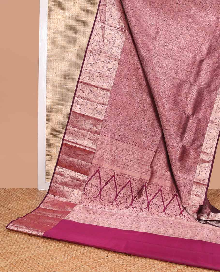 Red floral jacquard kancheepuram silk saree with self border of thilakam mokku, yanaai, mayil design & zari design pallu