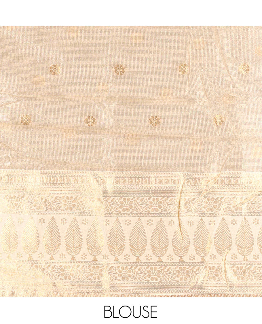 Chikku-Magenta Banaras Kota Half-Saree, Zari Buttas Skirt, Traditional Border, Matching Blouse, Contrast Organza Sequins Dhavani