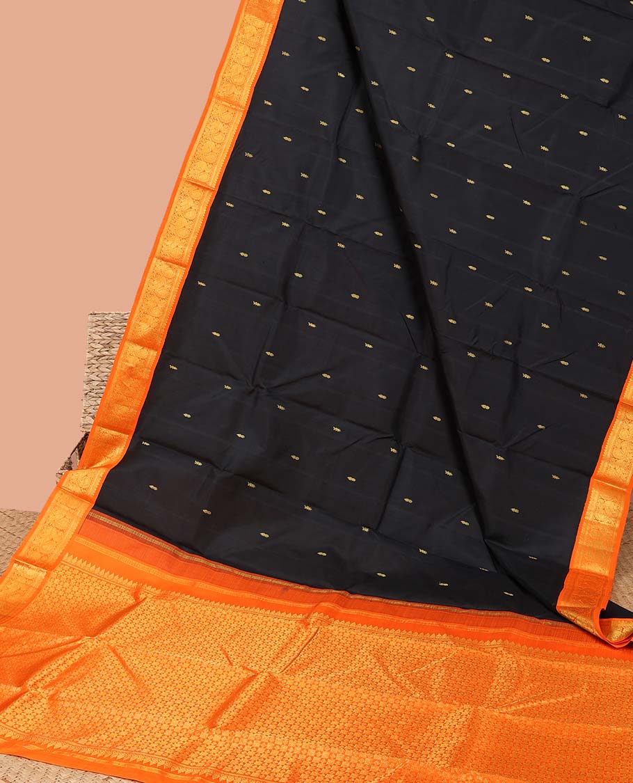 Black floral buttas kancheepuram silk saree with intricate zari pallu & korvai border of thilakam mokku,banaras, mayil designs