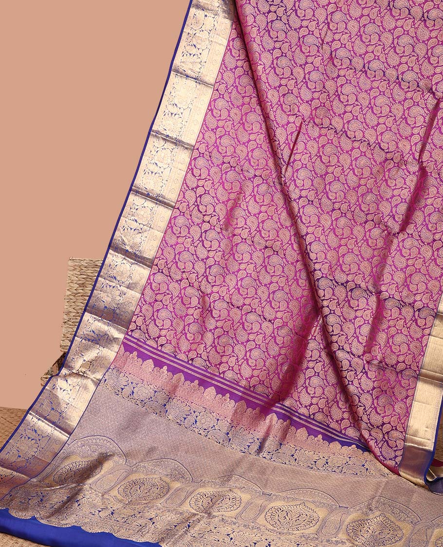 Purple paiselys kancheepuram silk saree with contrast zari design border & floral zari design pallu