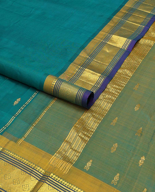 Green floral buttas kancheepuram silk saree with contrast border of banaras, muthu, checked design border & zari design pallu