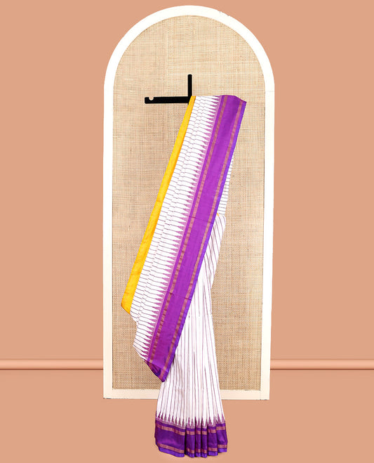 Cream Striped Pochampally Ikat Silk Saree, Complemented by a Contrast Ganga-Jamuna Border, Jaal Pallu, and a Contrast Blouse