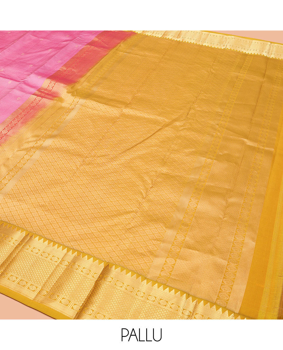 Pink Vasundhara Silk Saree, Subtly Sparkled with Zari Buttas and Checks All Over Its Body, Complemented by a Contrast Border of Rekku, Rudraksham, and Then Kuli Kann Designs, Grand Jaal Pallu, and Paired with a Contrast Blouse
