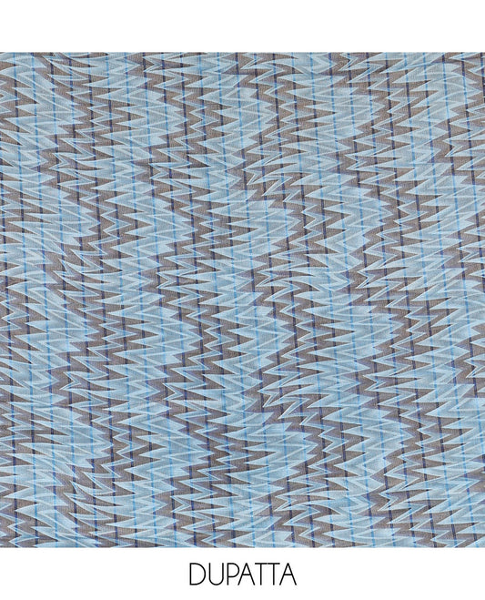 Blue Vertican silk material chudidar set, ikkat chevron striped with mirror neck embroidered top, santoon bottom, and contrast chevron striped dupatta