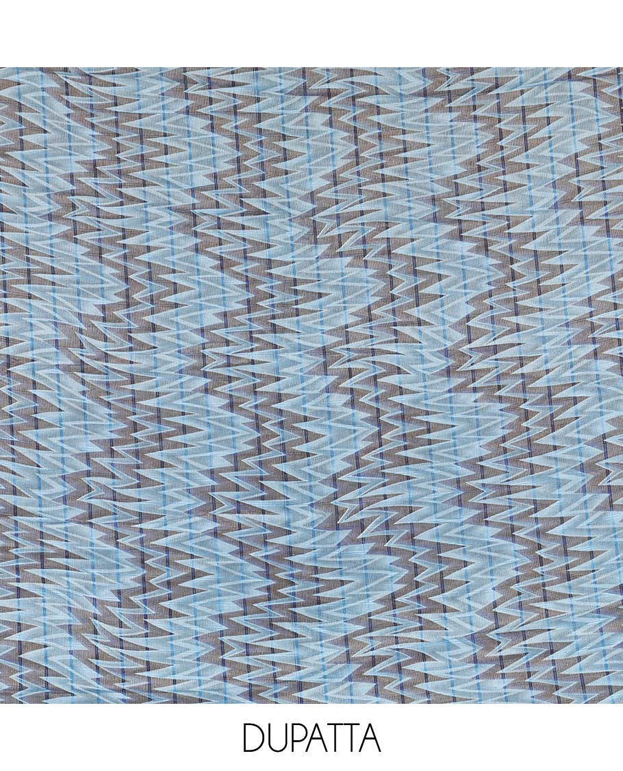 Blue Vertican silk material chudidar set, ikkat chevron striped with mirror neck embroidered top, santoon bottom, and contrast chevron striped dupatta