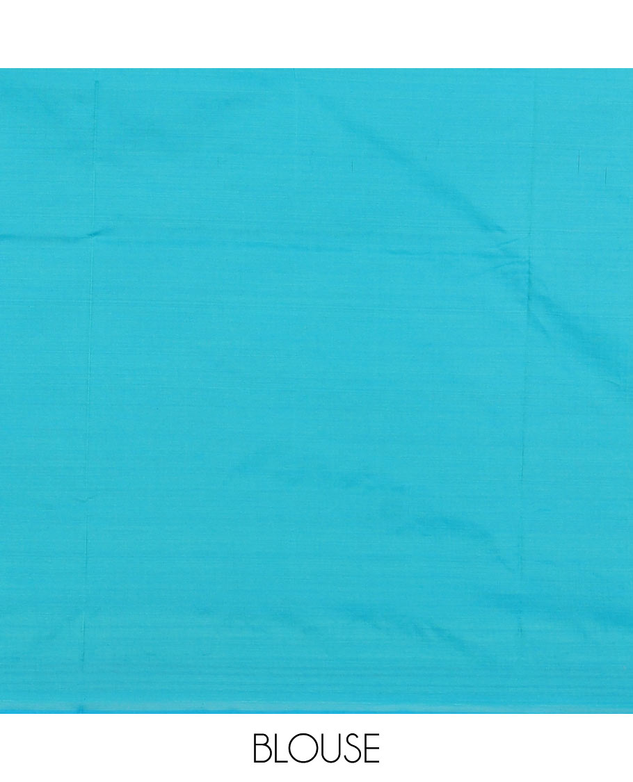 Blue big polka dots printed poly cotton saree, horizontal stripes printed border, polka dots printed pallu, and contrast handblock printed blouse