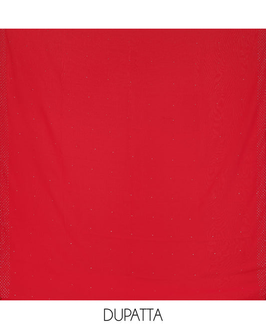 Red Material Churidar Set, Dazzled with Micro-Stone Work on Fox Georgette Top, Comes with a Plain Santoon Bottom, and Is Paired with a Fox Georgette Micro-Stone Work Dupatta