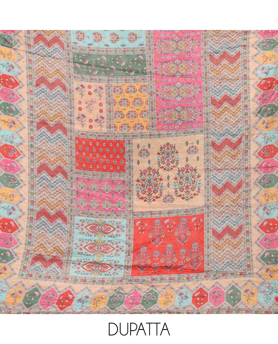 chikku color negative print, geometric design, swarovski work crepe chudidhar material top with american crepe pant & chinnon material geometric print, swarovski work dupatta