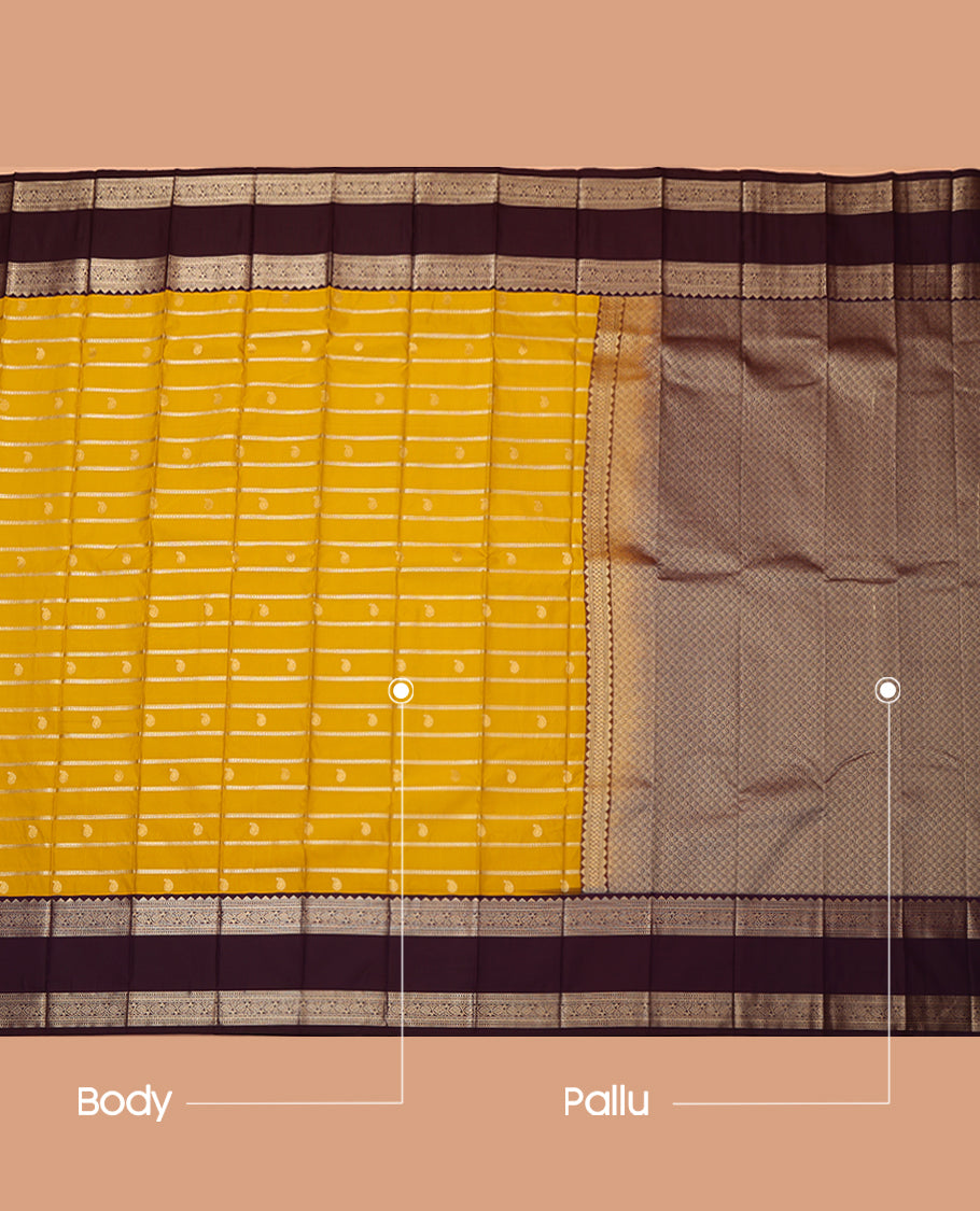 Yellow Budget Silk Saree, Detailed with Zari Buttas and Stripes, a Contrast Traditional Zari Rettai Pettu Border, Grand Pallu, and a Contrast Blouse