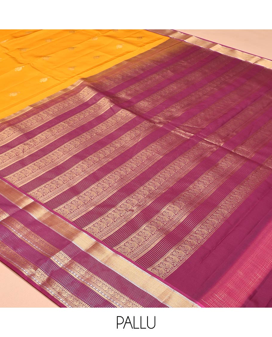 Yellow Vasundhara Lite Silk Mix Saree, Sparsely Woven with Zari Buttas, a Contrast Border of Mayil, Neli Kathir, Mayil Kann, and Rudraksham Designs, Grand Pallu, and a Contrast Blouse