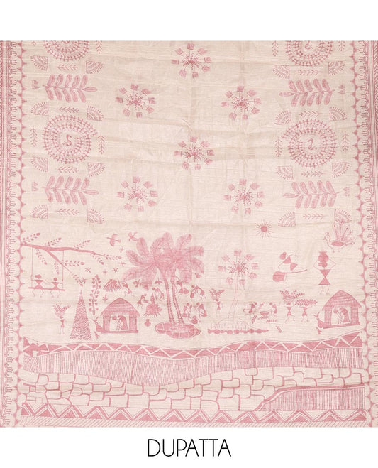 Light peach material churidar set, warli tribe village theme print with mirror work semi-tussar top, plain bottom, and warli tribe village theme print semi-tussar dupatta