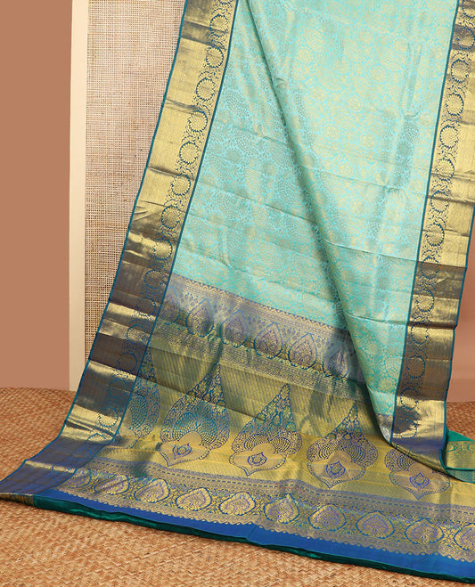 Sea blue floral jaal design kancheepuram silk saree with self border of muthu, kodi visiry design & zari design pallu