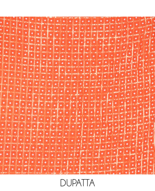 Orange Vichitra Silk Material Churidar Set, Subtly Made Plain Top, a Plain Santoon Bottom, and Paired with a Vichitra Silk Bandhani Dot Enclosed Checked Dupatta