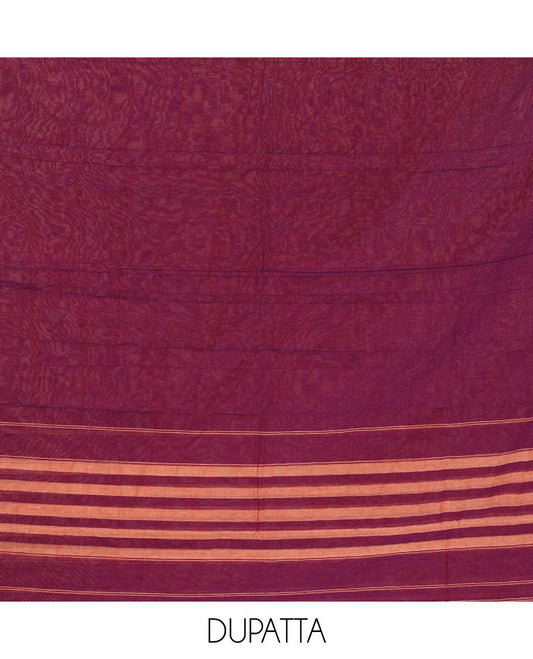 Magenta material chudidar set,traditional zari border mercerized cotton top, matching mercerized cotton bottom, & traditional border dupatta