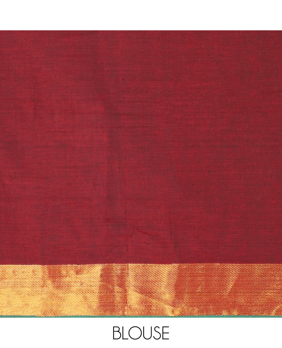 Maroon mercerised cotton daman zari border half saree with cotton blouse & skya georgette one side zari border dhavani