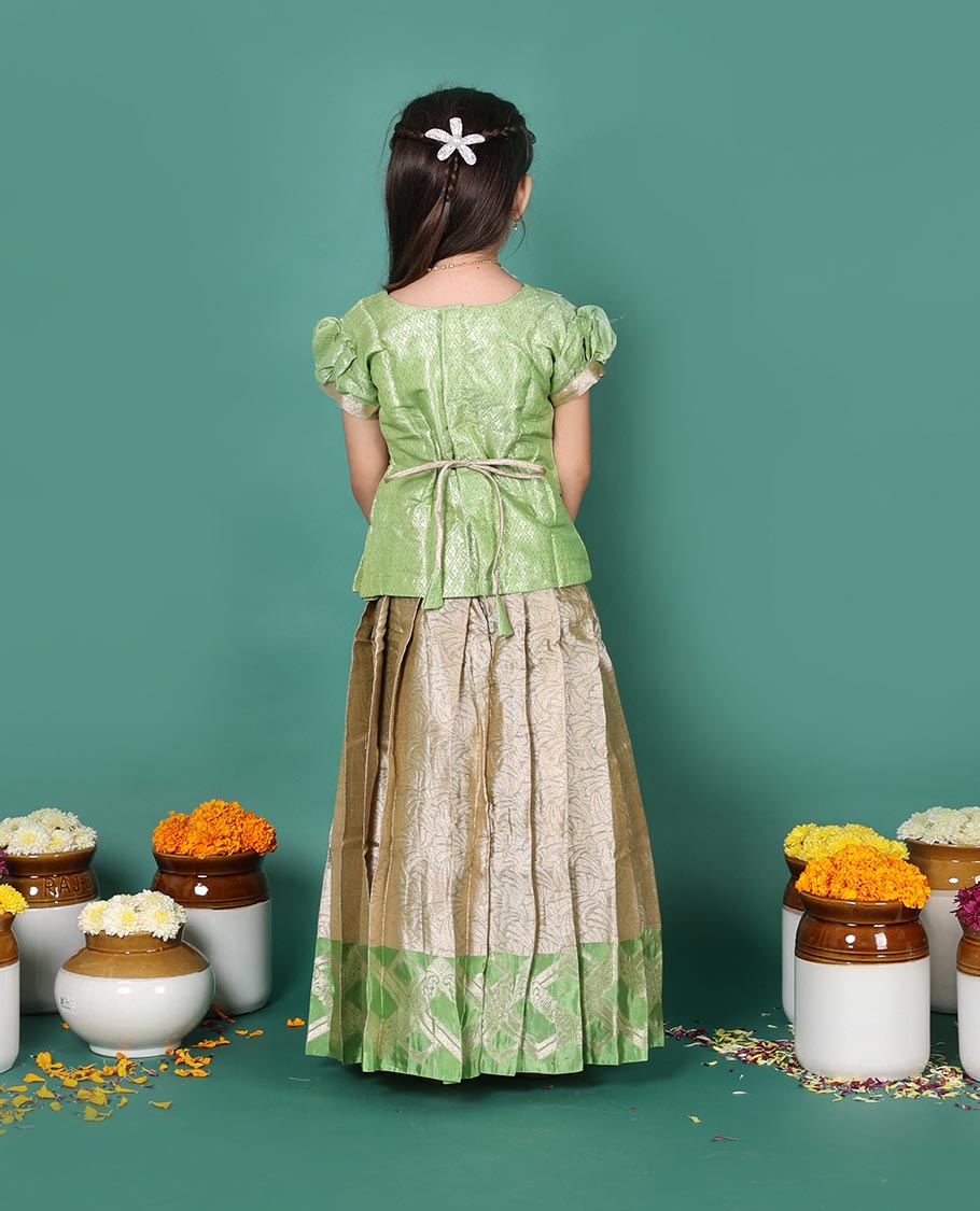 Beige art silk readymade pavadai set, jacquard with contrast geometric zari border skirt, and contrast neck embroidered puff-sleeve blouse