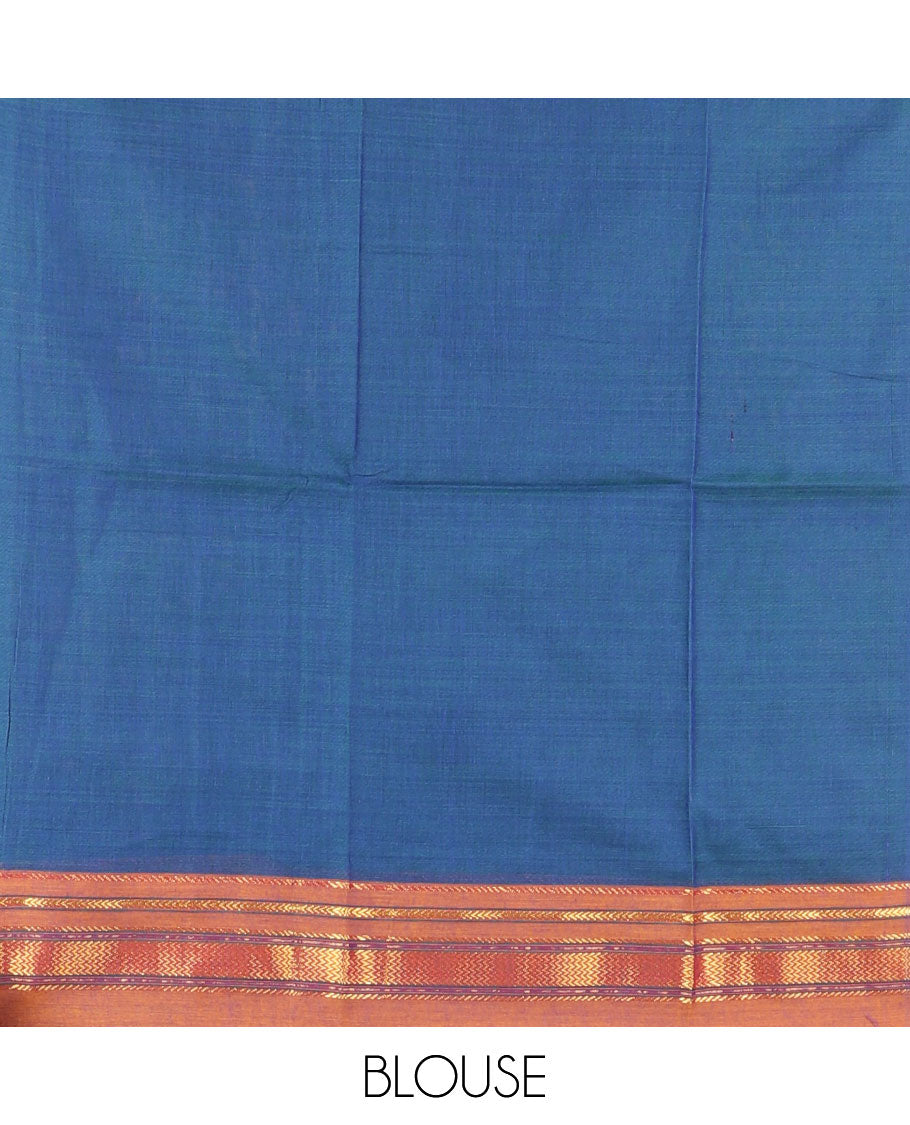 Blue half saree, plain with contrast traditional zari bordered skirt, matching blouse and a contrast peacock border dhavani