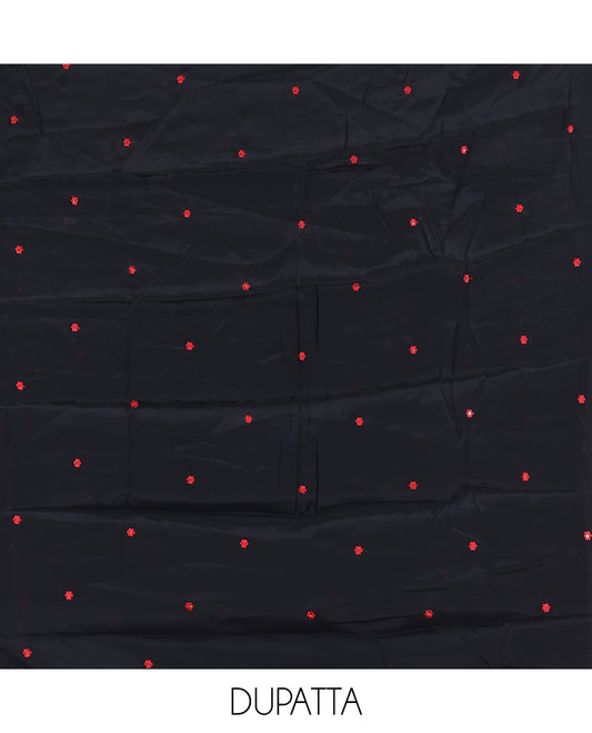 Black-Red Mul Chanderi Material Churidar Features Floral Embroidered Top, a Matching Bottom, and an Embroidered Scallop Dupatta