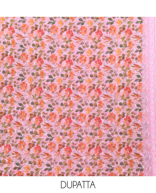 baby pink shifli lucknowi embroidery mango design georgette chudidhar material top with american crepe pant & floral digital print, sequins embroider dupatta