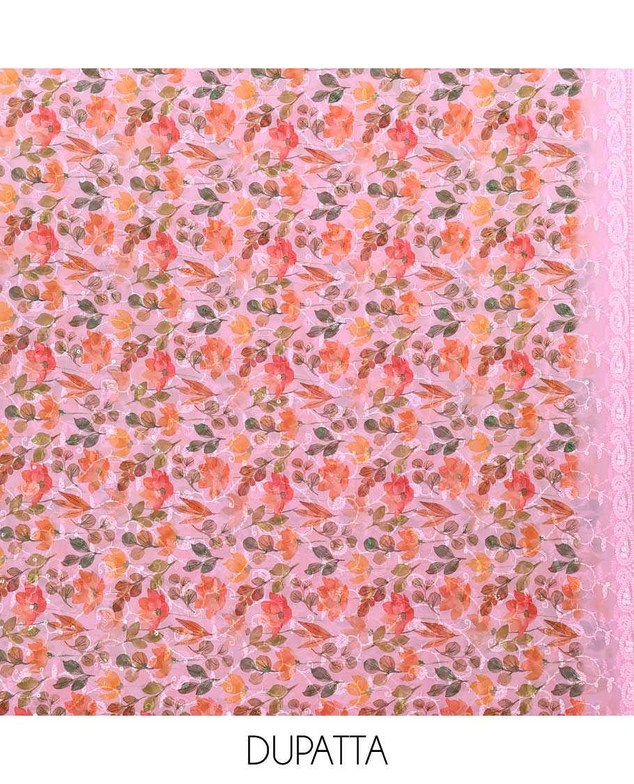 baby pink shifli lucknowi embroidery mango design georgette chudidhar material top with american crepe pant & floral digital print, sequins embroider dupatta