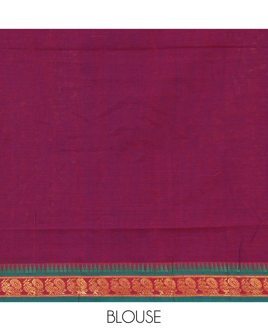 Purple mercerized cotton half-saree, plain & contrast peacock motifs gold zari temple border skirt, matching blouse & temple zari border vichitra silk dhavani
