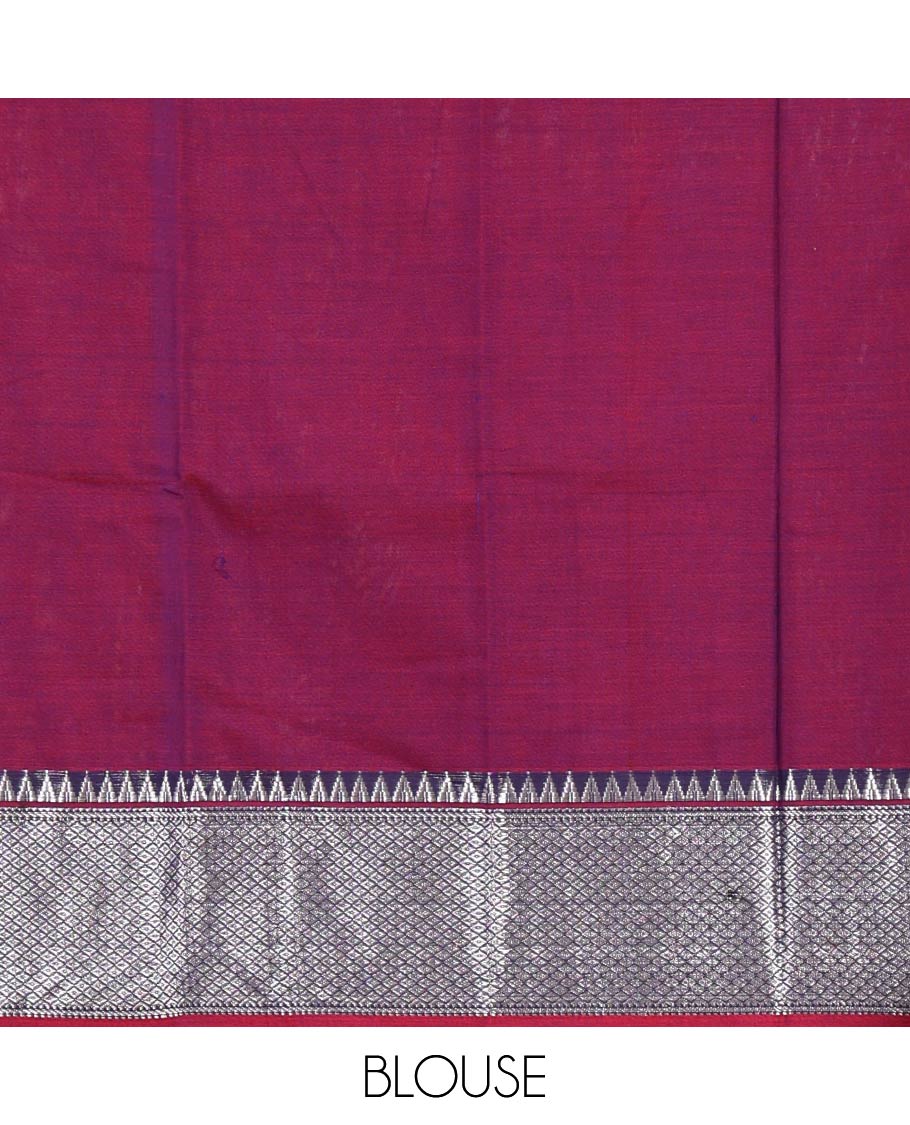 Magenta Mercerised cotton half-saree, plain & contrast mayil kann temple border skirt, matching blouse & contrast zari border syska georgette dhavani
