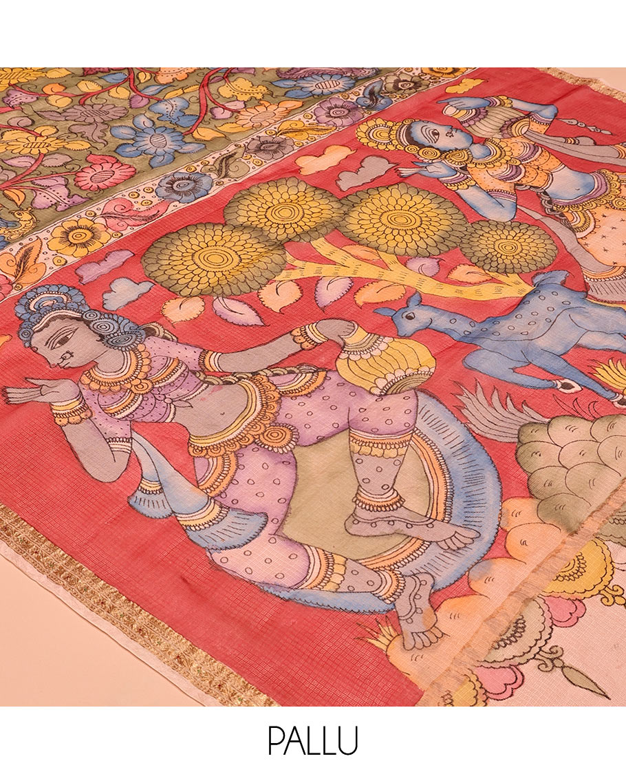 Grey Floral Vine Pen Kalamkari Silk Saree, a Contrast Zari Border, God Motif Pallu, a Contrast Blouse