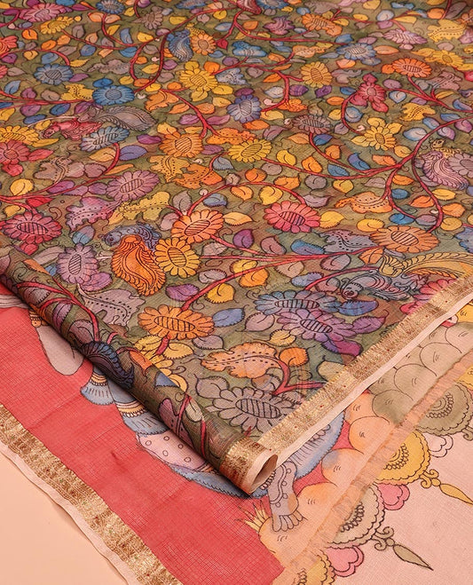 Grey Floral Vine Pen Kalamkari Silk Saree, a Contrast Zari Border, God Motif Pallu, a Contrast Blouse
