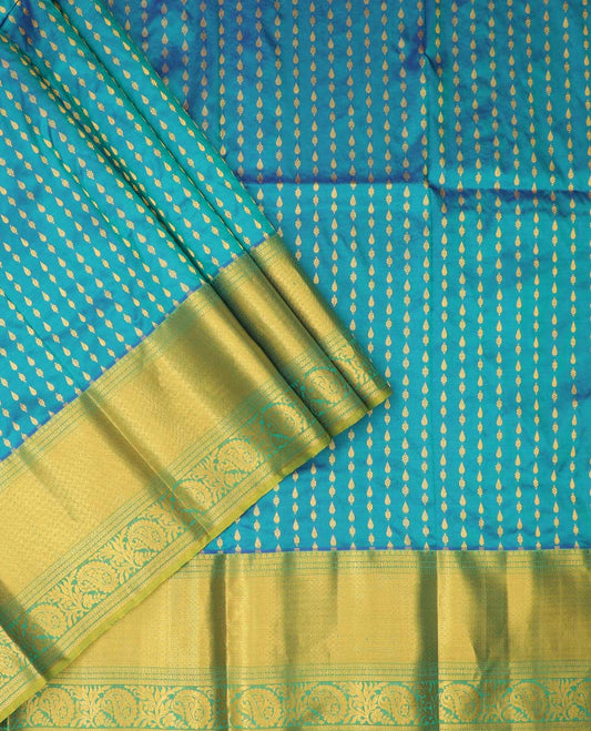Blue floral buttas pure silk half saree with contrast zari border,  contrast zari design blouse & plain with zari border dhavani