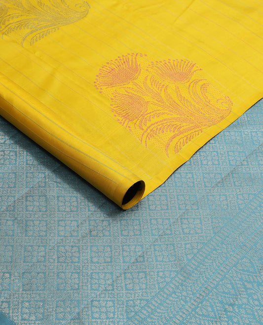 Yellow striped, floral design kancheepuram silk sareee with checked floral design pallu
