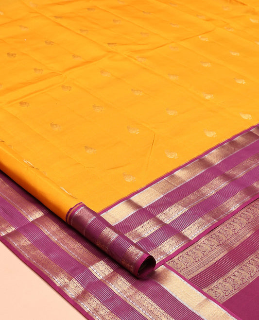 Yellow Vasundhara Lite Silk Mix Saree, Sparsely Woven with Zari Buttas, a Contrast Border of Mayil, Neli Kathir, Mayil Kann, and Rudraksham Designs, Grand Pallu, and a Contrast Blouse